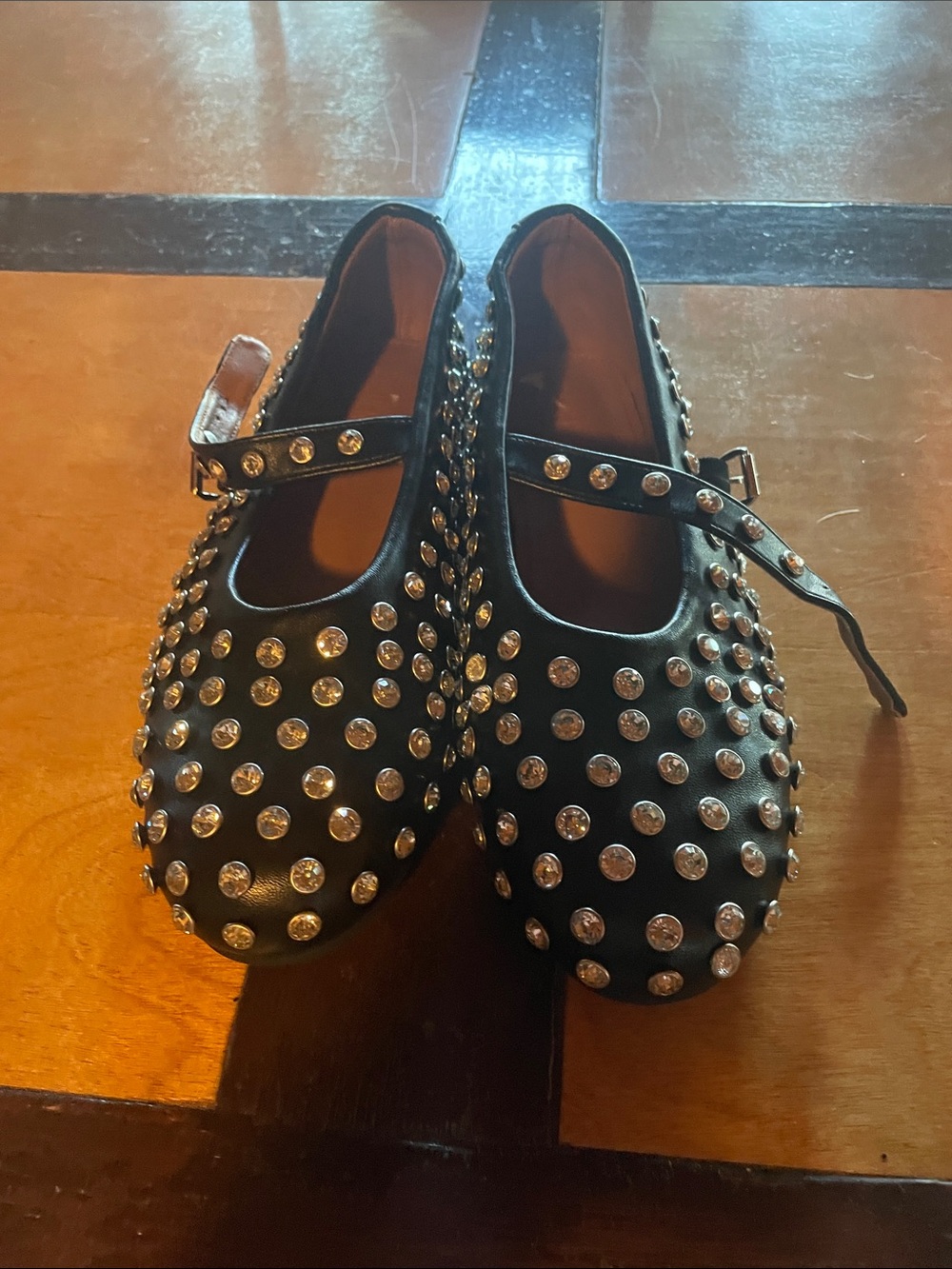 Black Studded Mary Jane Flats with Crystal Accents